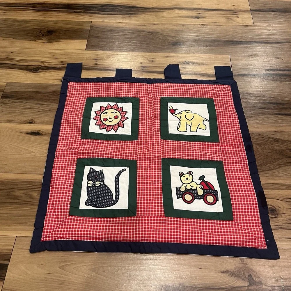 Vtg Quilt Wall Hanging Plaid Cat Sun Baby Nursery Decor Handmade 25in x 24.5in